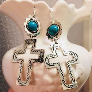 Burnished Silver & Turquoise Cross Earrings